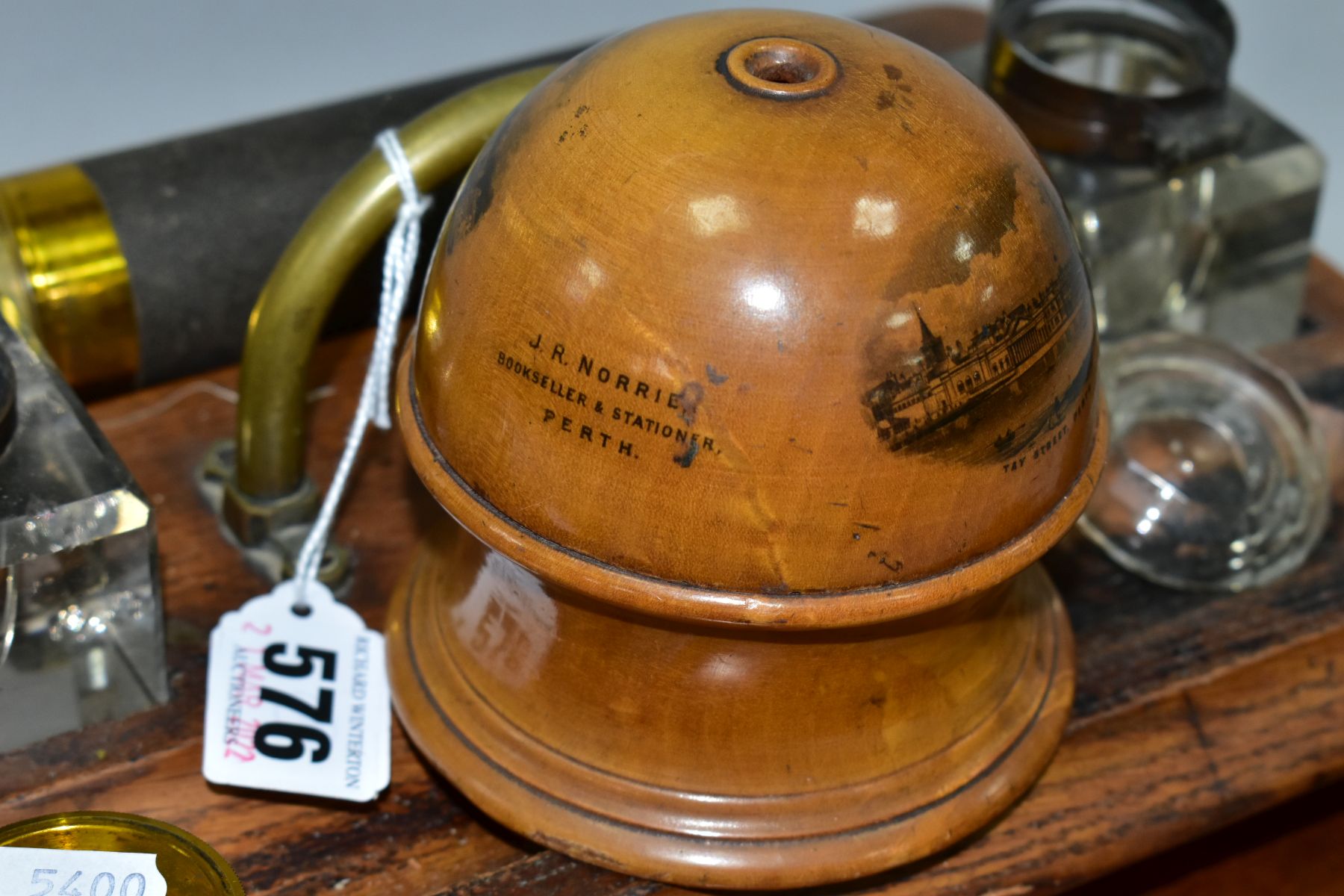 A VICTORIAN OAK INKWELL STAND WITH DRAW, together with a Mauchline ware string dispenser for J R - Image 8 of 9