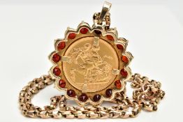 A MOUNTED FULL SOVEREIGN PENDANT AND CHAIN, late Victorian full sovereign coin dated 1896, within