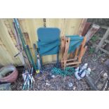 A PAIR OF PINE FOLDING GARDEN CHAIRS, another metal framed folding garden chair, various garden