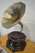 A HIS MASTERS VOICE OCTAGONAL GRAMOPHONE, with a brass horn and winding handle