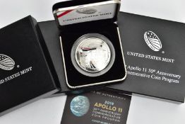 A USA 2019 50TH ANNIVERSARY COMMEMORATIVE SILVER DOLLAR PROOF OF APOLLO 11, in box of issue with C.