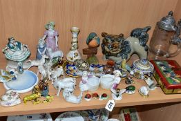 A GROUP OF CERAMIC, TREEN AND GLASS ANIMALS, INSECT AND BIRD FIGURES, ETC, including Ens Volkstedt