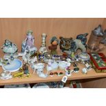 A GROUP OF CERAMIC, TREEN AND GLASS ANIMALS, INSECT AND BIRD FIGURES, ETC, including Ens Volkstedt