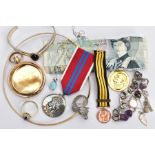 A BAG OF ASSORTED ITEMS, to include a broken gold tone open face pocket watch case, stamped 15ct,