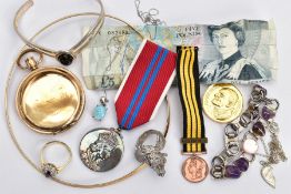 A BAG OF ASSORTED ITEMS, to include a broken gold tone open face pocket watch case, stamped 15ct,