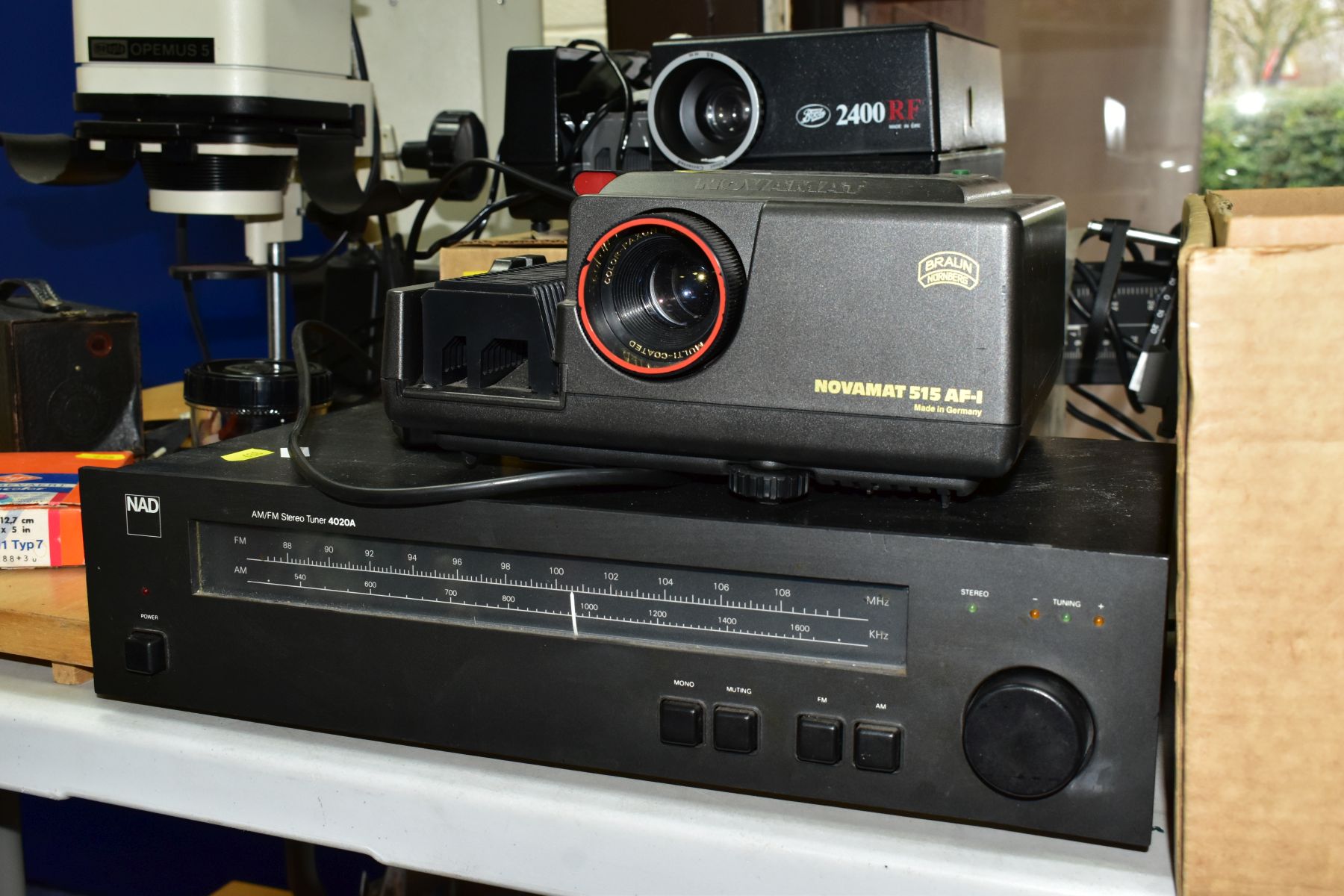 TWO BOXES AND LOOSE STEREO TUNER AND PHOTOGRAPHIC EQUIPMENT, to include a NAD AM/FM stereo tuner - Image 10 of 10