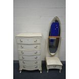 A TALL FRENCH CREAM CHEST OF SIX DRAWERS, width 70cm x depth 47cm x height 125cm, and a matching