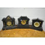 THREE VICTORIAN SLATE MANTLE CLOCKS (condition:-centre clock in image slightly slitting in two