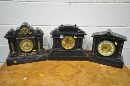 THREE VICTORIAN SLATE MANTLE CLOCKS (condition:-centre clock in image slightly slitting in two