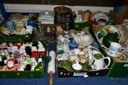 FIVE BOXES AND LOOSE CERAMICS AND GLASS ETC, to include Midwinter 'Riverside' tea wares, two Belleek