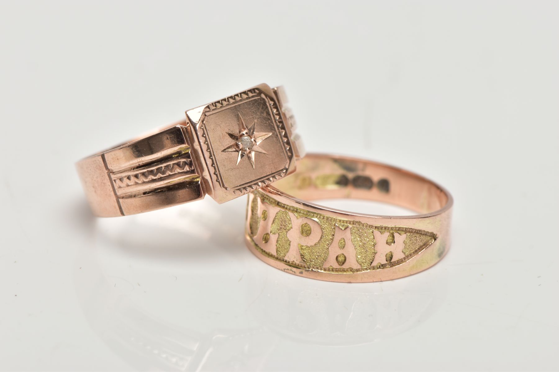 TWO 9CT GOLD RINGS, a rose gold signet ring set with a single old cut diamond in a star setting, - Image 2 of 3