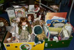 FOUR BOXES OF BOXED AND LOOSE COLLECTORS DOLLS, MODERN DOLLS' HOUSE ACCESSORIES, ETC, including