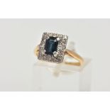 AN 18CT GOLD SAPPHIRE AND DIAMOND RING, of a rectangular form, centring on a rectangular cut blue