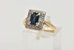 AN 18CT GOLD SAPPHIRE AND DIAMOND RING, of a rectangular form, centring on a rectangular cut blue