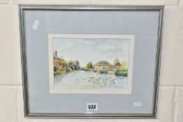 JONATHAN POMROY (BRITISH CONTEMPORARY), a pen and watercolour sketch of swans and ducks on a