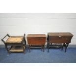 TWO EDWARDIAN MAHOGANY SUTHERLAND TABLES, and an Edwardian piano stool (condition:-all distressed