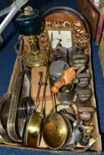 A BOX OF ASSORTED METALWARES, TREEN, ETC, including five bell shaped weights ranging from 7lbs to