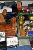 THREE BOXES AND LOOSE HANDBAGS, METALWARES, TREEN AND SUNDRY ITEMS, to include a brass Duplex oil