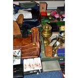 THREE BOXES AND LOOSE HANDBAGS, METALWARES, TREEN AND SUNDRY ITEMS, to include a brass Duplex oil