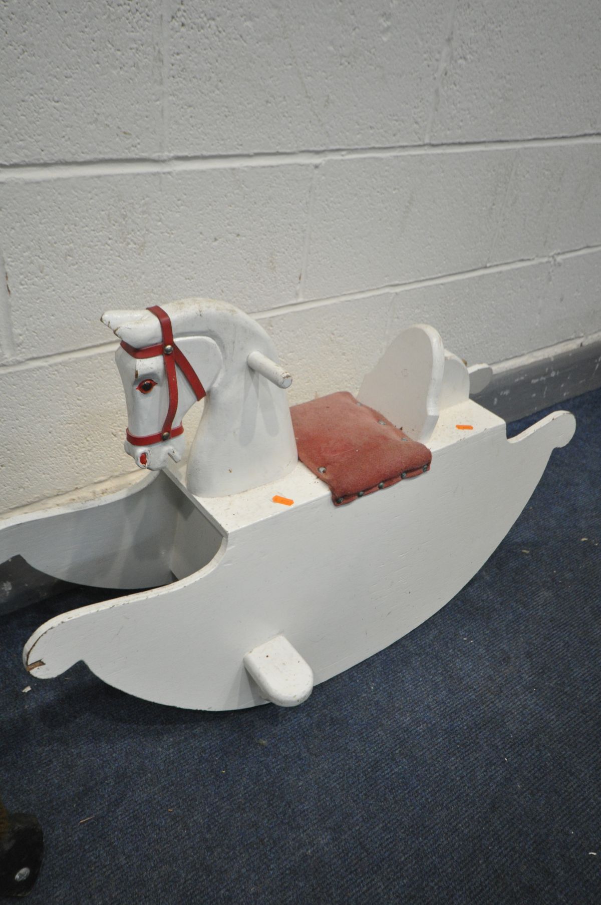 A PAINTED BOW ROCKING HORSE, and an upholstered rocking horse (missing base base) (2) - Image 3 of 3