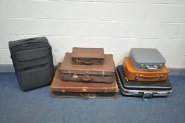 SEVEN VARIOUS SUITCASES, include three brown vintage suitcases, and a Mak's suitcase