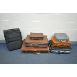 SEVEN VARIOUS SUITCASES, include three brown vintage suitcases, and a Mak's suitcase