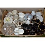 A BOX OF CERAMICS AND GLASS, to include two Royal Doulton Caprice cups and saucers, two Coalport