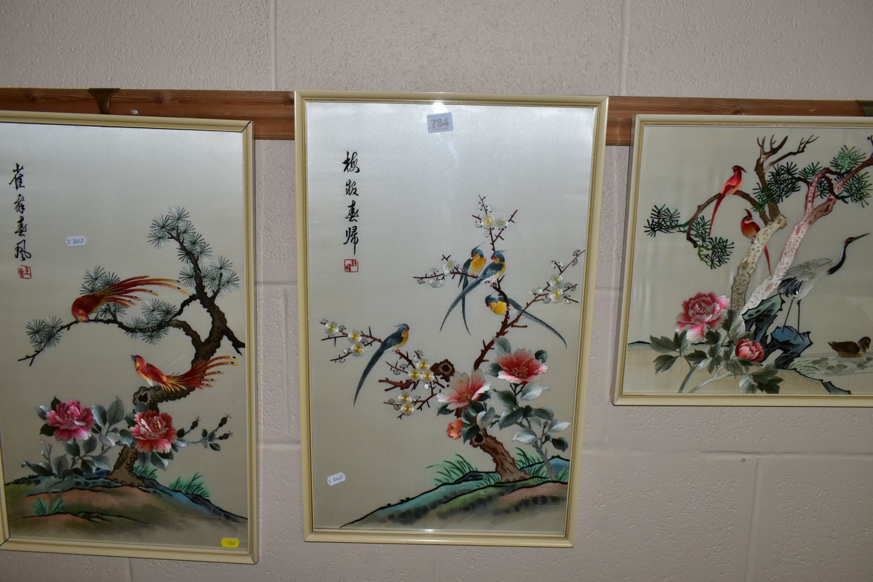 THREE CHINESE SILK EMBROIDERY PICTURES, depicting exotic birds, cranes, ducks and flowers, signed