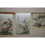 THREE CHINESE SILK EMBROIDERY PICTURES, depicting exotic birds, cranes, ducks and flowers, signed