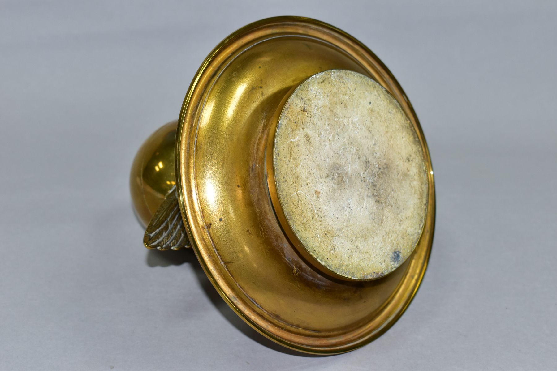 A BRASS INKSTAND IN THE FORM OF AN EAGLE AND ORB, incorrect glass liner, liner retaining ring is - Image 6 of 6