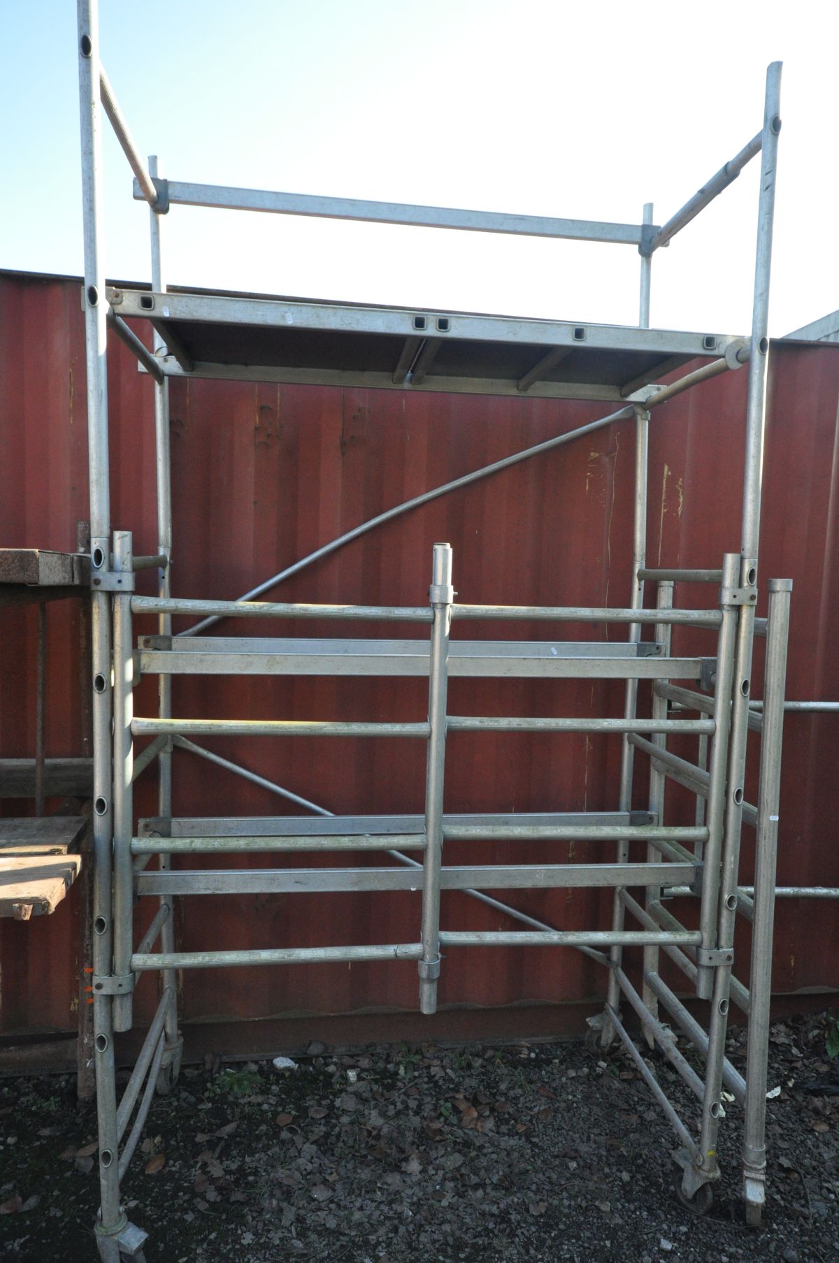AN ALUMINIUM FOLDING AND STACKING SCAFFOLD TOWER, 160cm wide x 78cm deep x 290cm high, with two - Image 2 of 4