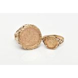 TWO 9CT GOLD COIN RINGS, both with pierced detail to the shoulders, one set with an imitation