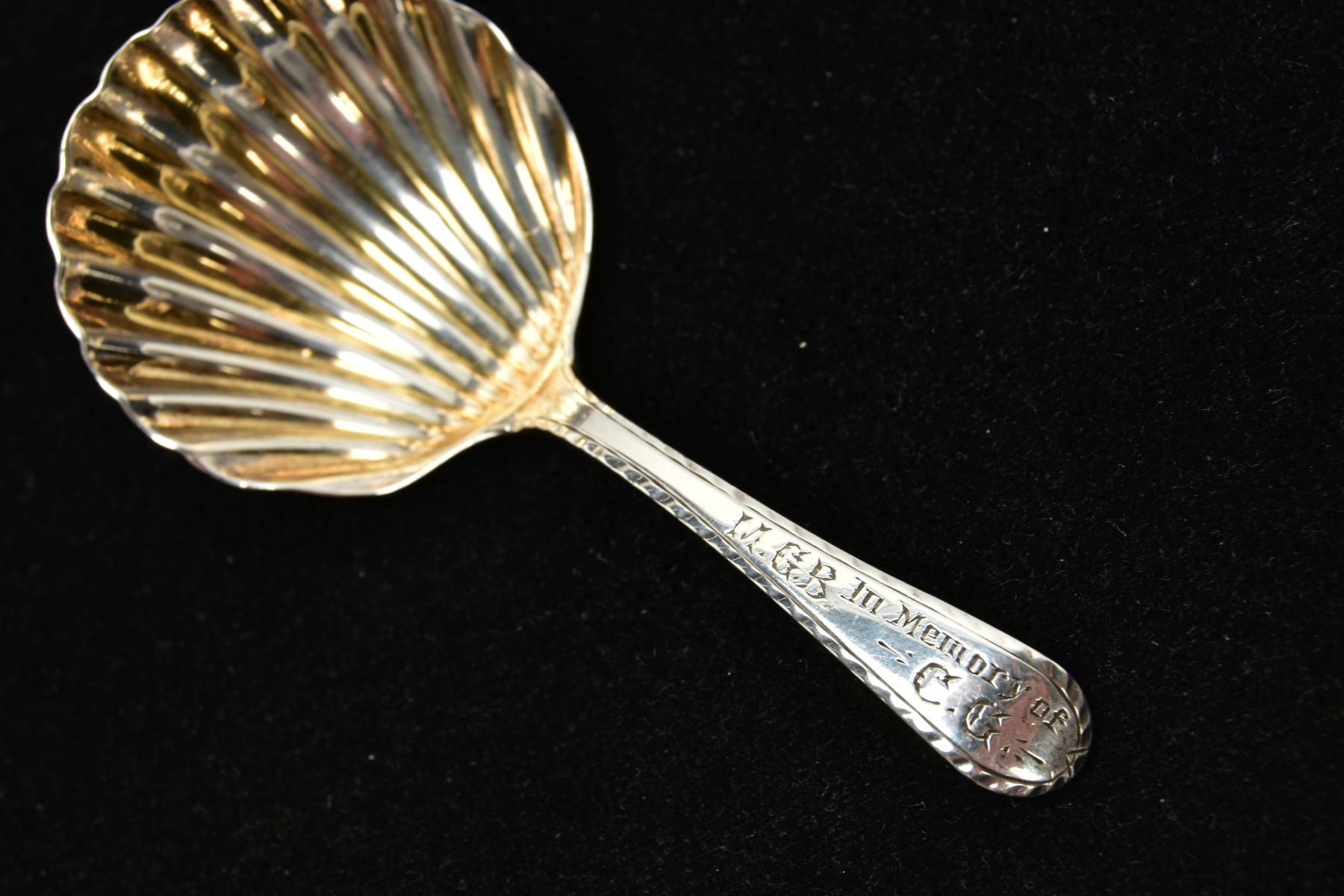 A SILVER COLOURED METAL CADDY SPOON, engraved M.G.B in memory of C.G to the front of the handle, - Image 3 of 3