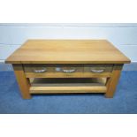 A LIGHT OAK COFFEE TABLE, with three drawers, width 100cm x depth 60m x height 46cm