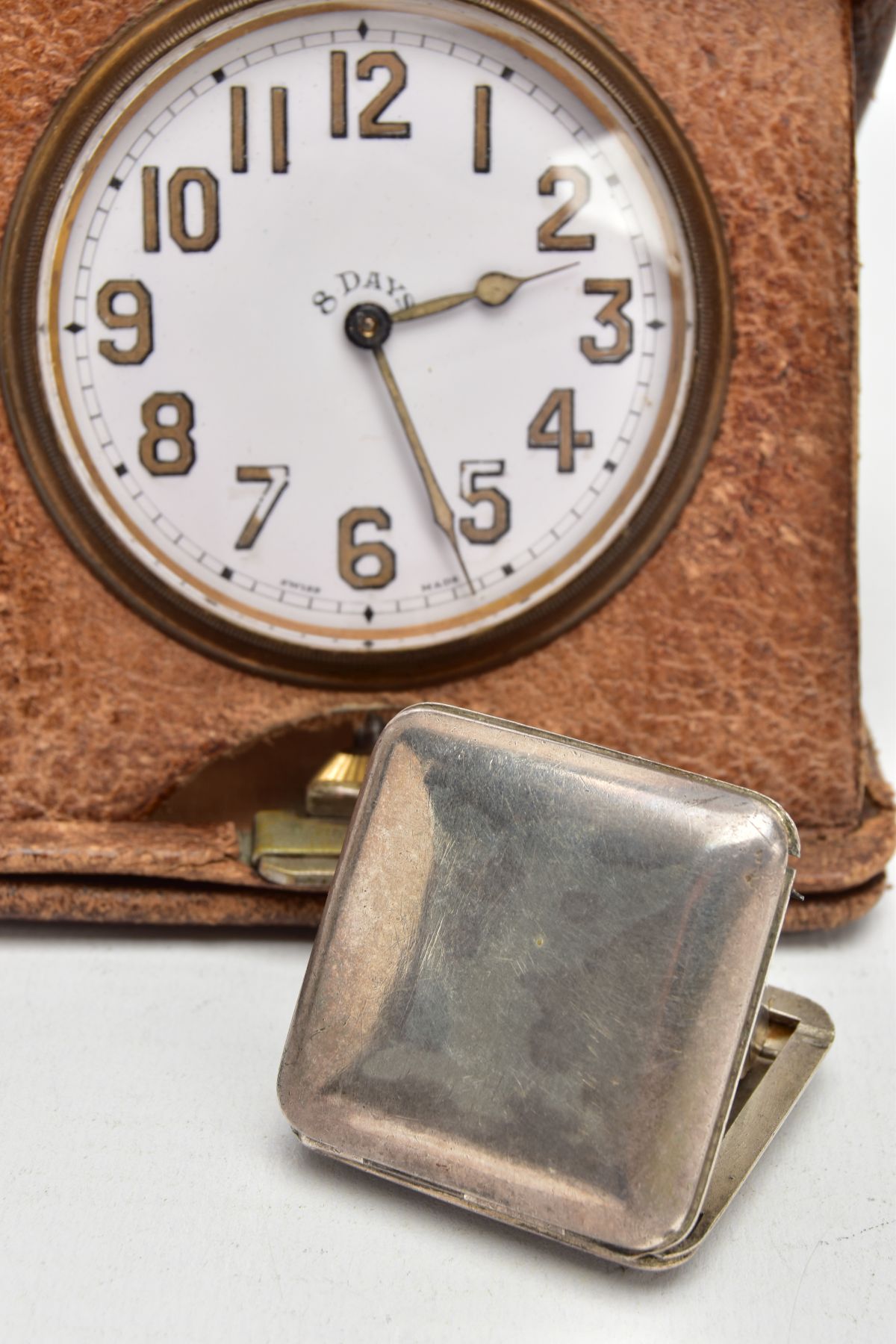 A SILVER TRAVEL CLOCK AND GOLIATH TRAVEL CLOCK, a small silver cased square travel clock, signed ' - Image 3 of 7