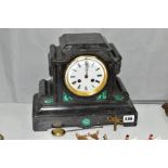 A VICTORIAN SLATE MANTEL CLOCK FITTED WITH A FRENCH HYMARC MOVEMENT, the enamel dial has roman