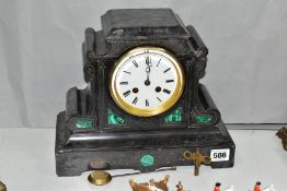 A VICTORIAN SLATE MANTEL CLOCK FITTED WITH A FRENCH HYMARC MOVEMENT, the enamel dial has roman