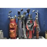 A SELECTION OF GOLFING EQUIPMENT to include six golf bags containing various clubs, Taylormade R7