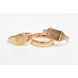 THREE RINGS, the first a signet ring with engraved scrolling initials and personal engraving,