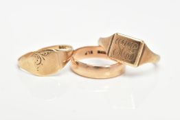 THREE RINGS, the first a signet ring with engraved scrolling initials and personal engraving,