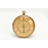 A LATE VICTORIAN 18CT GOLD POCKET WATCH, hand wound open face pocket watch, round gold face