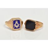 TWO 9CT GOLD SIGNET RINGS, a square onyx panel set in a yellow gold square mount, featuring a