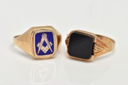 TWO 9CT GOLD SIGNET RINGS, a square onyx panel set in a yellow gold square mount, featuring a