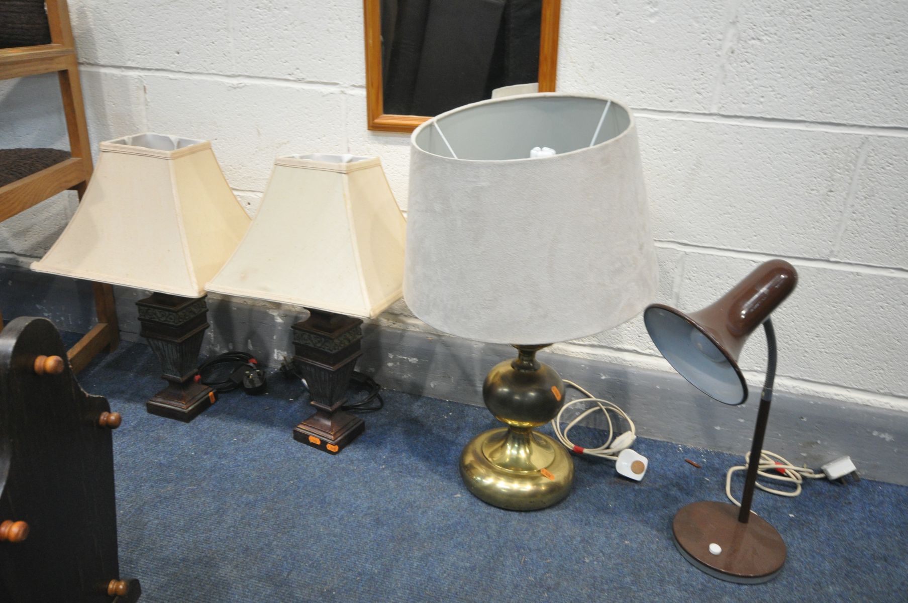 A MID CENTURY OAK CHAIR, with open armrests, pair of table lamps, brass table lamp, all with shades, - Image 2 of 3