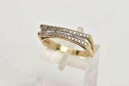 A 9CT GOLD DIAMOND RING, designed with two slightly curved rows of channel set single cut