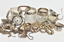 AN ASSORTMENT OF SILVER AND WHITE METAL ITEMS, to include three glass jars with silver lids,