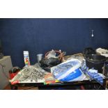 A TRAY, THREE BAGS AND A BUCKET CONTAINING PLUMBING PARTS including Osma Gold push fit fittings,
