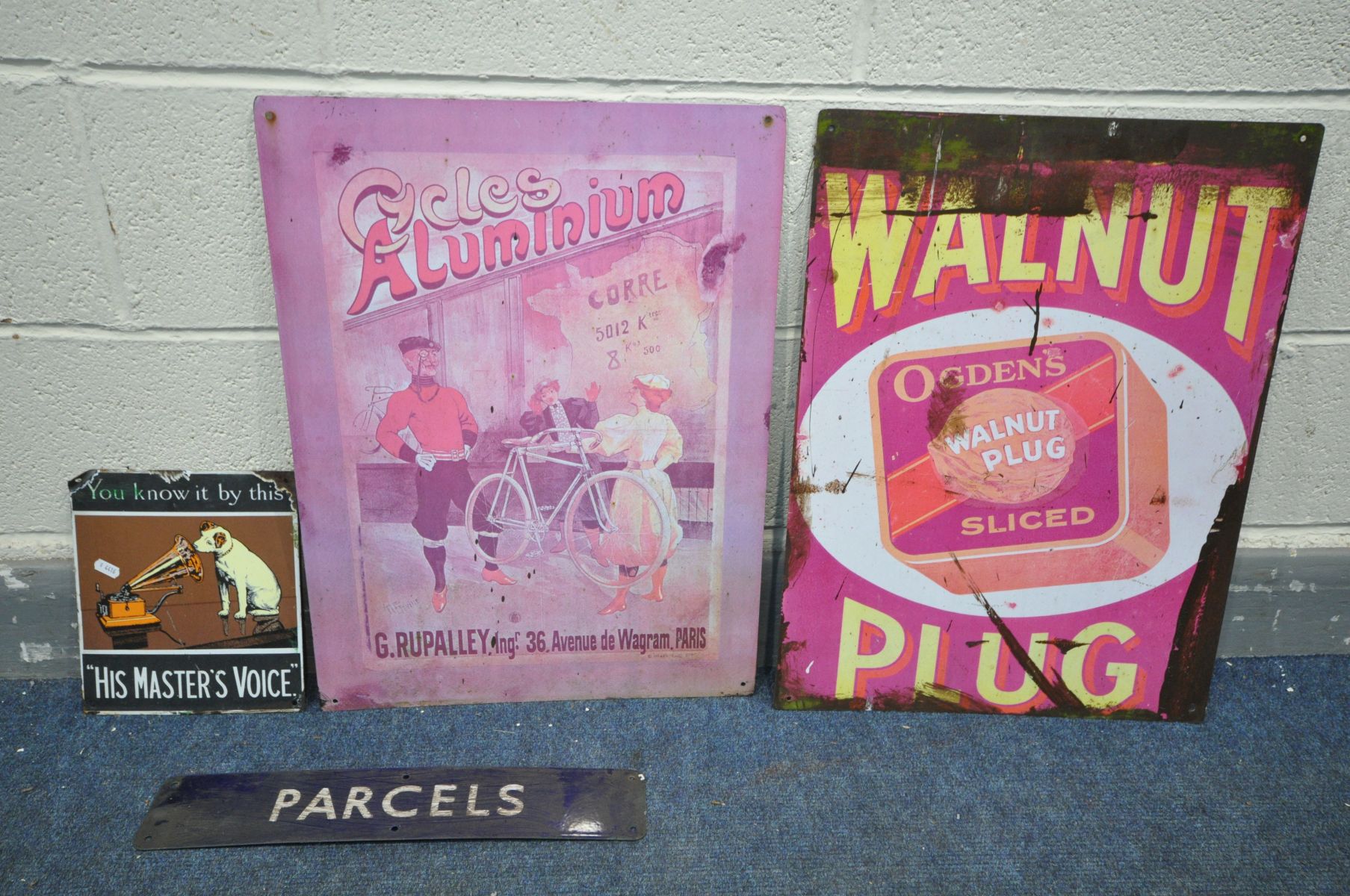 A PINK OGDENS SLICED WALNUT PLUG ENAMEL SIGN, width 45.5cm x height 60.5cm, a cycles aluminium sign,