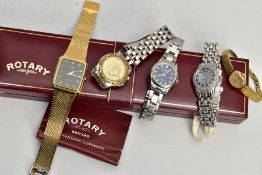 A SELECTION OF WRISTWATCHES, to include a boxed Rotary watch, quartz movement, case back signed