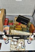 A SUITCASE, A BOX AND LOOSE VINTAGE PACKAGING, CERAMICS, GAMES AND SUNDRY ITEMS, to include a pair